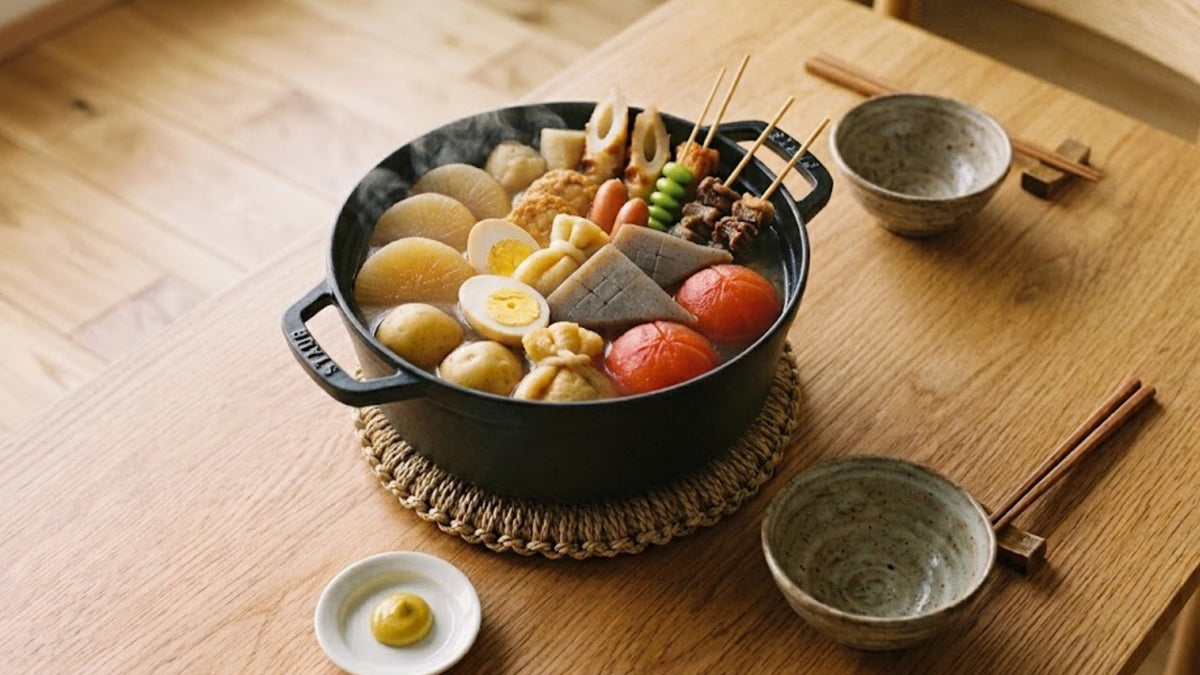 Oden in a black cast iron pot on a wooden table