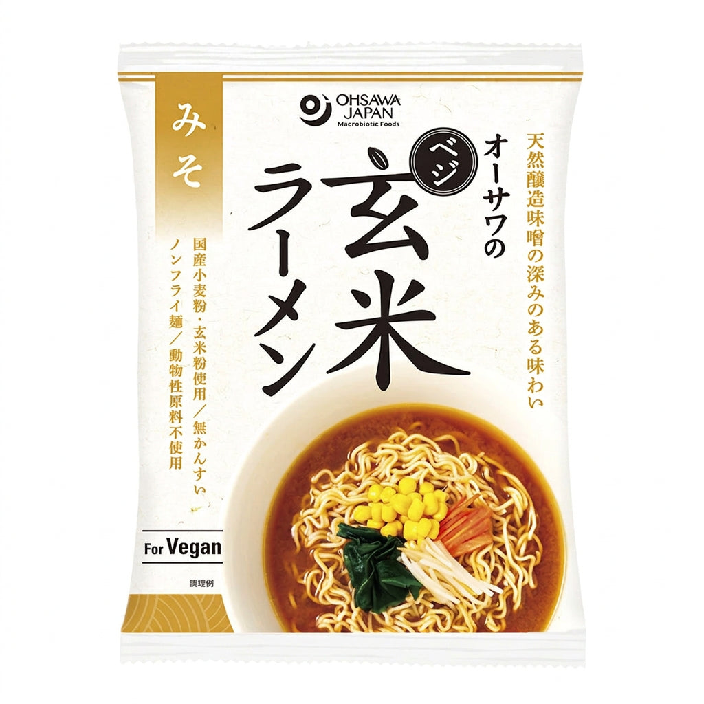 Ohsawa Veggie Brown Rice Ramen Miso, plant-based instant ramen pack